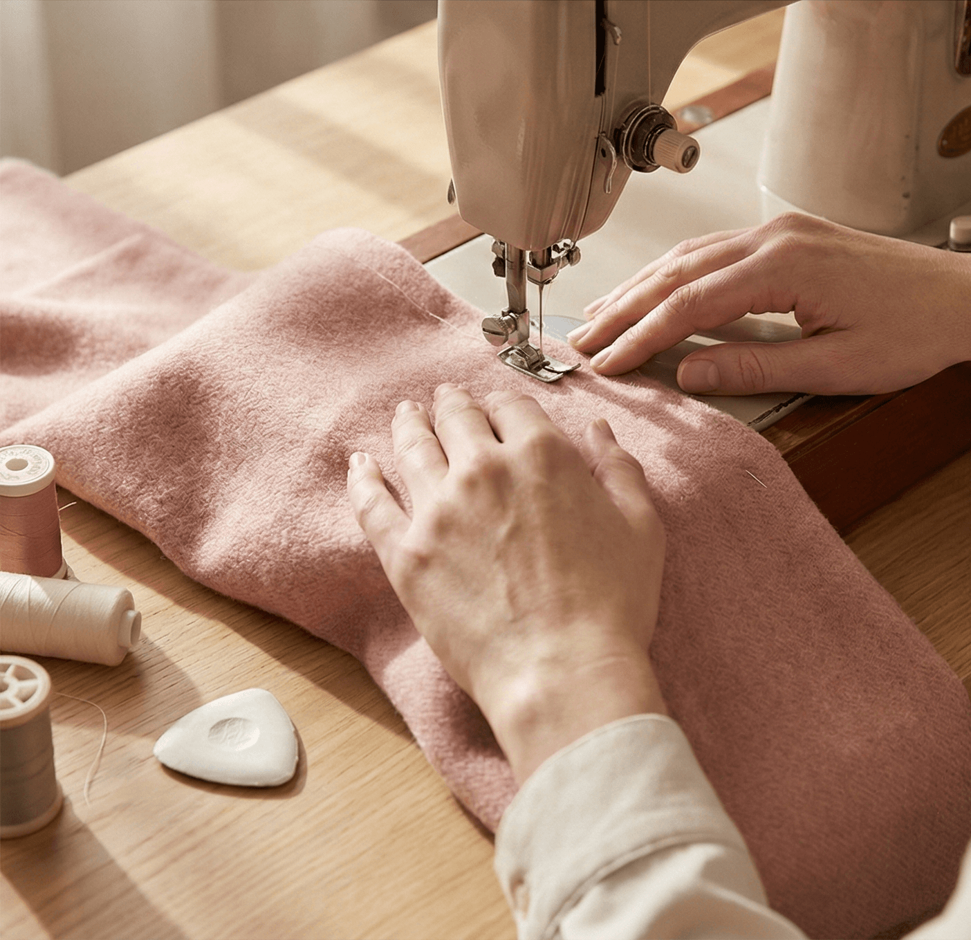Atelier de couture Les Mains de Ju' — mains travaillant sur une machine à coudre