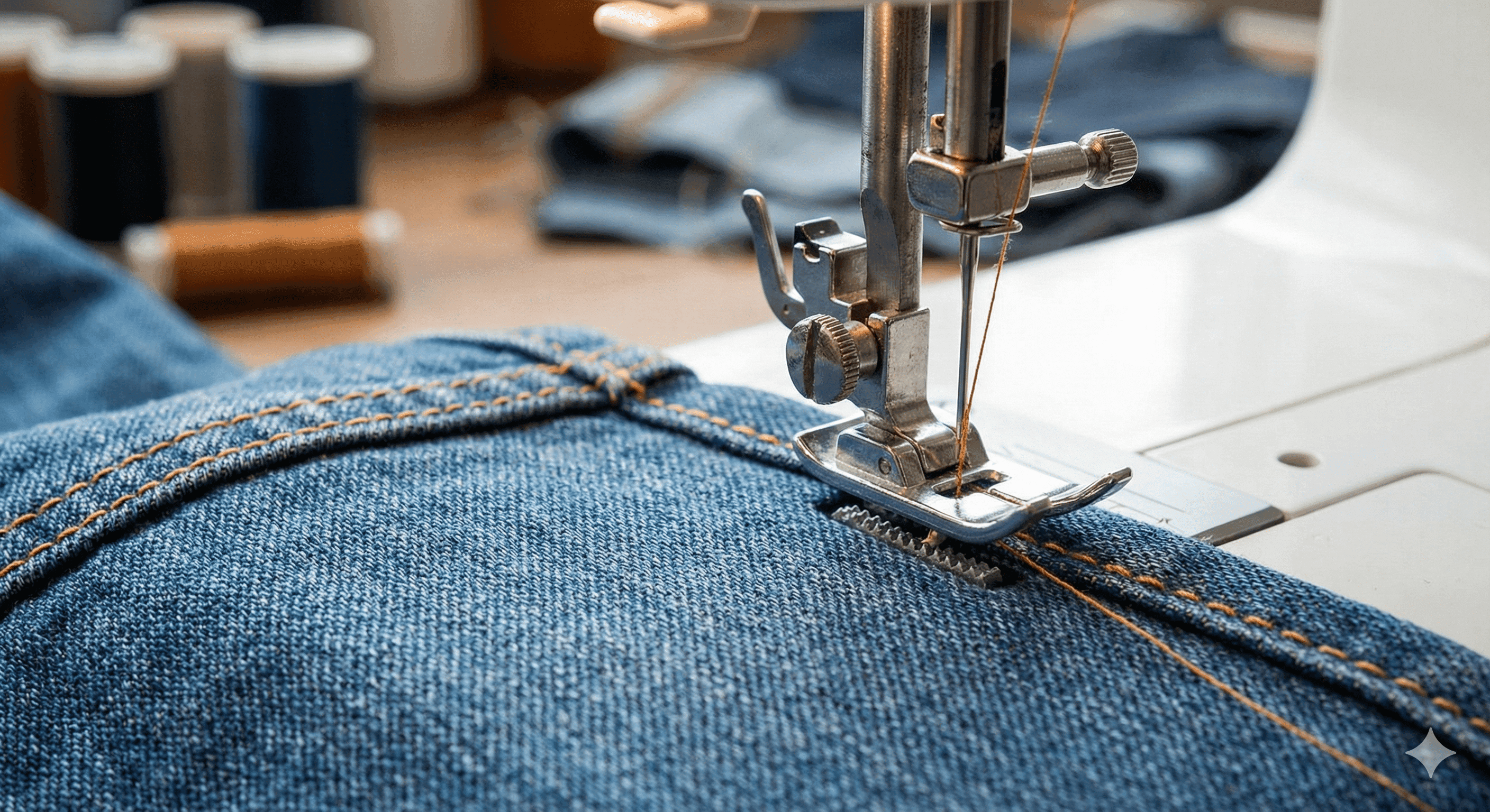 Gros plan sur un ourlet de jean en cours de couture